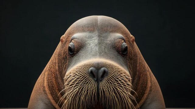 Walrus marine mammal close up portrait with whisker texture prominent tusk dramatic lighting