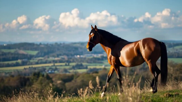Chestnut horse grazing on hillside pasture with rolling countryside cloudscape at sunset