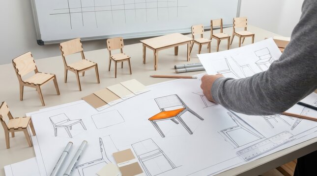 Furniture Designer Sketching Chair Prototypes in Creative Design Studio