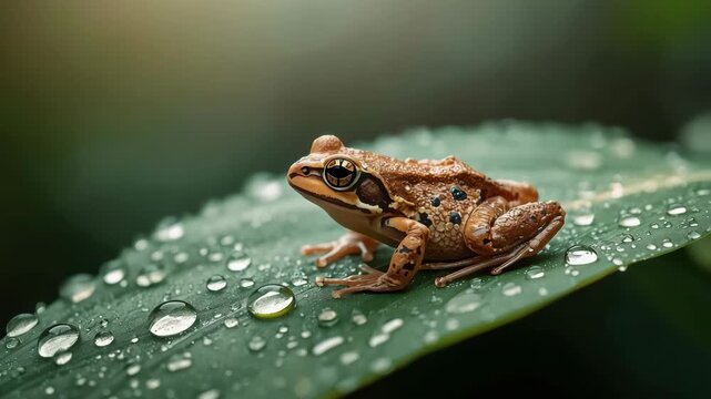 Golden brown frog perched dew covered leaf with water droplet reflections, serene amphibian macro