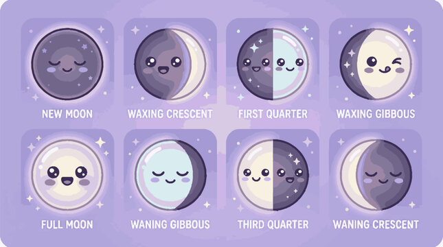 Cartoon Moon Phases with Faces.