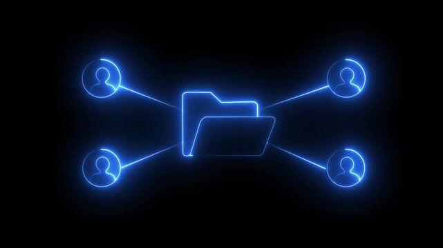  Neon file transfer icon animation on black background. People chatting line icon. Business seminar sign. neon digital file management with folder, document and file transfer. 4k video animation 