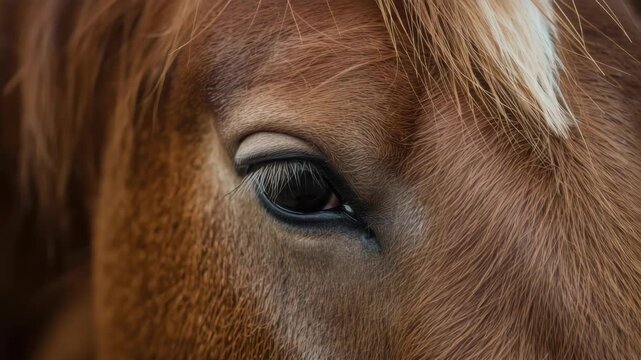 Chestnut horse eye close up with soft fur and gentle calm expression, mane detail