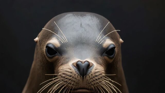Young sea lion portrait with intense curious gaze, dramatic lighting, detailed whisker texture