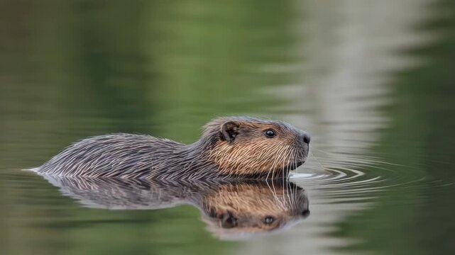 Young muskrat and rodent swimming calm reflective water with soft green aquatic background