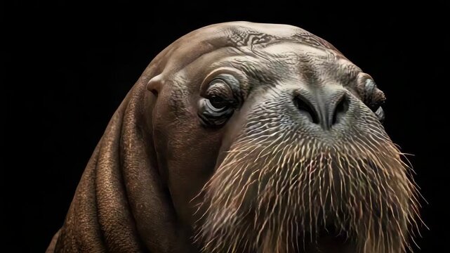 Walrus marine mammal portrait close up with long whisker textured brown skin dramatic gaze