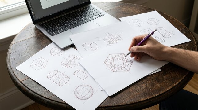 Artist sketching geometric shapes with laptop on wooden table