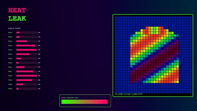 Digital Building Heat Loss analysis interface displaying thermal infrared sensor data via a flickering grid sequence. Reveals energy efficiency variations across a modular structure design.