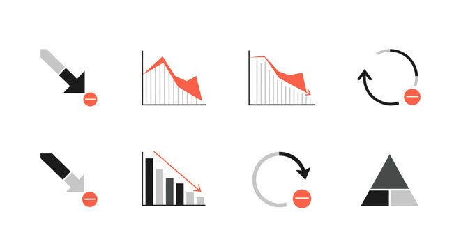 Financial Downturn Icons: Downward Trend Graphs, Arrows, and Charts