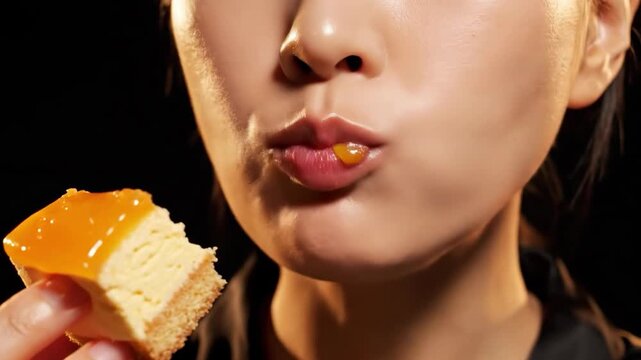 Close-up of a woman enjoying a delicious slice of mango cheesecake, savoring each bite with pleasure.
