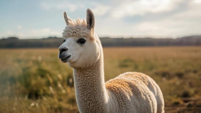 Young cream alpaca with fluffy wool fleece sunlit meadow livestock animal mammal evoking calm
