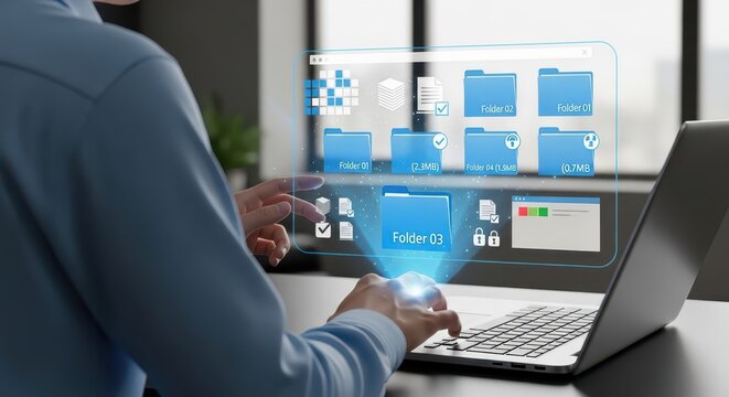Person interacting with holographic file management interface on laptop in modern office setting (198 chars)