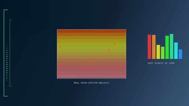 Digital Building Heat Loss monitor displaying evolving thermal data via animated bar charts and color gradients. Represents changing energy efficiency in industrial structural wall systems.
