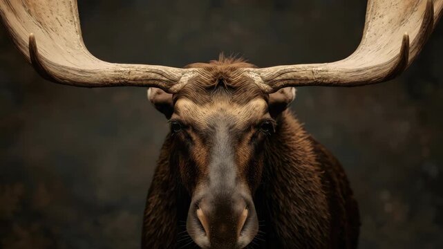 Majestic moose portrait with large antler rack, textured brown fur, soft dramatic lighting wildlife