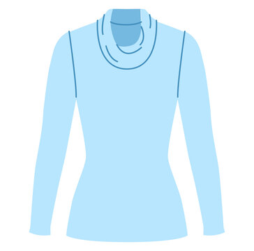 Blue long sleeve cowl neck top with draped neckline and fitted silhouette, soft folds shaping upper part and smooth structure. Technical fashion illustration front view. Vector