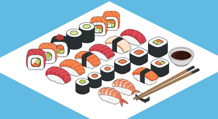 Assortment of Sushi and Rolls with Soy Sauce and Chopsticks - Flat Design © zid