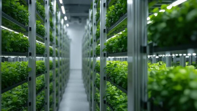 Vertical indoor hydroponic vertical farm aisle with lush seedlings LED grow lights serene atmosphere