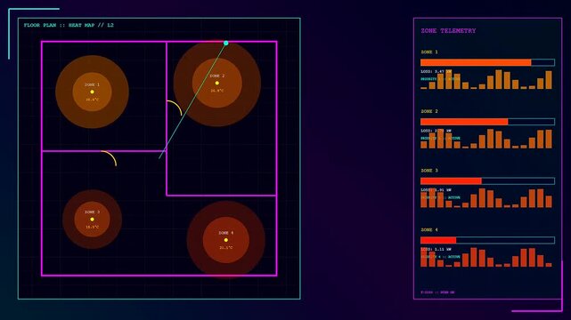 A digital Building Heat Loss analysis interface displays thermal fluctuations and fluctuating energy flow metrics across multiple architectural floor plan zones on a dark vibrant background