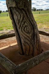 Carved tree trunks marking the burial place  of Yuranigh, a Wiradjuri man who accompanied Thomas Mitchell on his exploration of Australia © Galumphing Galah