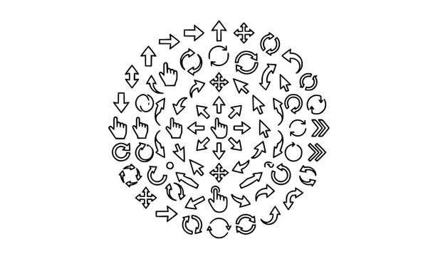 Arrow and cursor outline icons in circular layout with navigation pointer and direction symbols for UI and web design