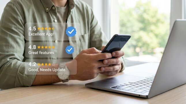 Person reviewing app ratings on smartphone with laptop at workspace