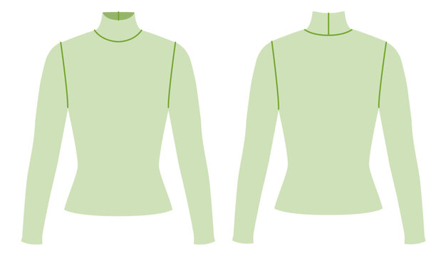 Green long sleeve mock neck top with fitted silhouette and structured neckline, clean proportions and smooth form. Technical fashion illustration in flat color, front and back views. Vector