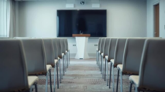 Conference room aisle with rows of chairs and podium presentation screen in calm auditorium setting