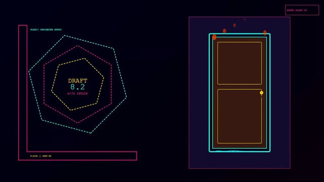 Futuristic UI dashboard visualizing building heat loss statistics with animated geometric polygons, shifting data values, and dark technical grid elements for energy analysis.