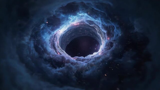 Mysterious glowing vortex tunnel with swirling cloud swirl and electric blue cloud glow through