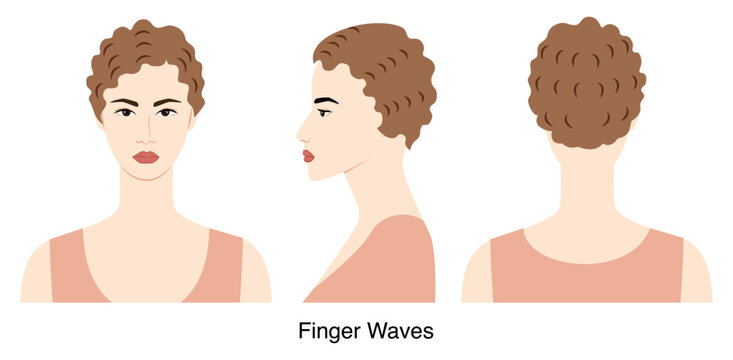 Finger waves marcelling hairstyle vector front back profile views, sculpted wave hair shape vintage composition for beauty salon, hairdresser reference, fashion illustration, hairstyle selection