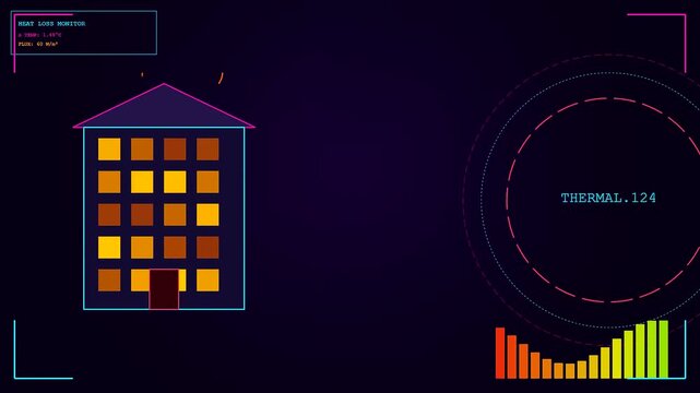 A digital Building Heat Loss monitor interface showing fluctuating thermal energy metrics and data visualization charts for residential efficiency analysis in a modern virtual control room environment
