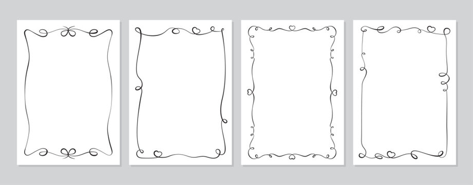 Cute coquette wedding ribbon frame in white and black. Romantic heart border as delicate doodle card and invite decor. Wavy bow rectangle set suits social media post template or vintage celebration