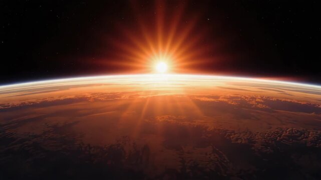 Sunrise over planet horizon with glowing atmosphere, distant stars and dramatic warm light
