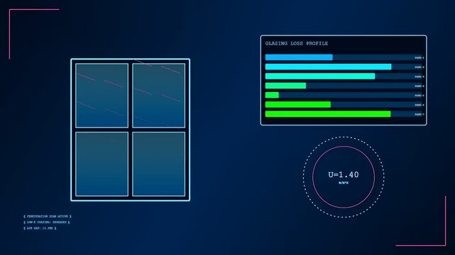 Digital graphic depicting Building Heat Loss analysis with window performance data visualizations. Displayed on a modern interface during a sophisticated technical diagnostic sequence.