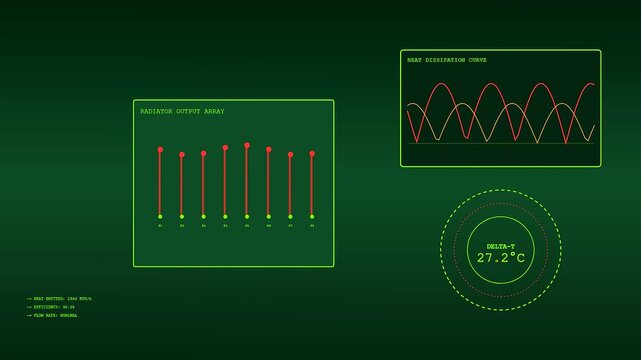 Monitoring building heat loss through a digital interface display featuring real time fluctuations in thermodynamic efficiency and thermal output metrics for industrial systems analysis in dark green