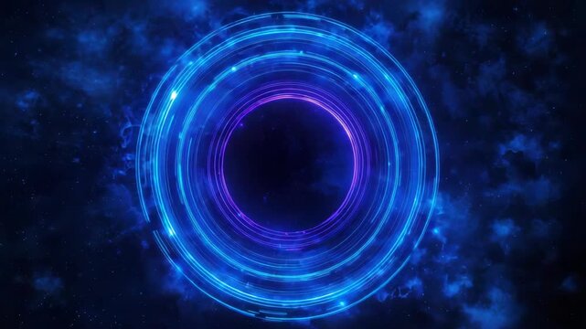 Glowing neon concentric circle ring glowing futuristic blue purple energy portal in cosmic nebula