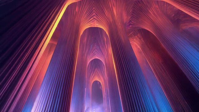 Soaring neon cathedral arch and ribbed column vistas with glowing purple orange haze