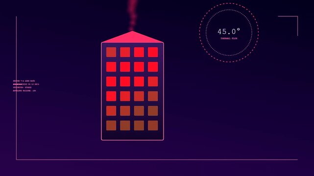 Digital Building Heat Loss analysis monitor displaying fluctuating thermal energy levels. Infrared sensors track temperature variations across residential apartment structures efficiently.