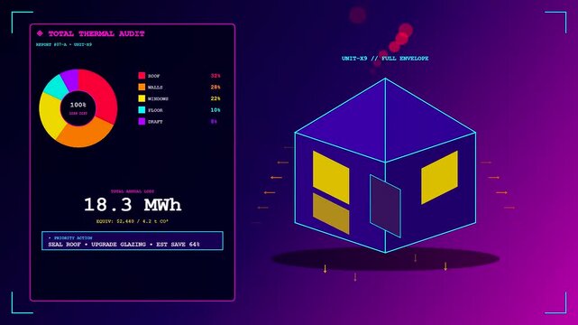 Digital Building Heat Loss analysis interface displaying thermal efficiency data for residential structures. Shifting graphs illustrate energy consumption patterns for eco-friendly planning.