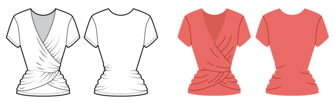Wrap top with ruched waist, short sleeves and fitted silhouette with gathered detailing and structured shaping. Technical fashion illustration in black and white and color, front and back views