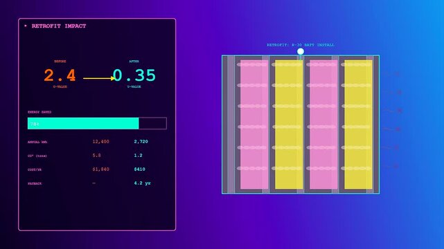 Digital interface visualization of Building Heat Loss improvement showing how structural retrofitting upgrades significantly reduce thermal transfer rates to optimize residential energy.
