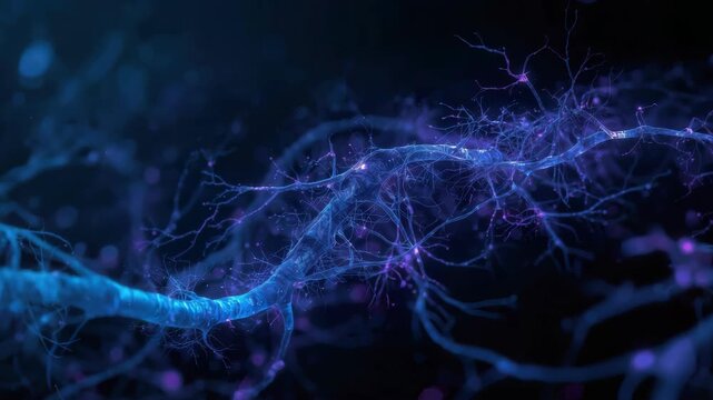 Bioluminescent neural network with glowing synapse, axon and dendrite fibers blue purple ethereal