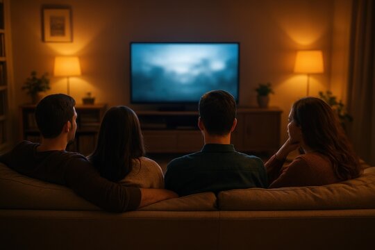 A cozy evening scene showing four friends sitting together on a sofa, watching a movie in a softly lit modern living room. Warm ambient lighting and the cool glow of the TV create a peaceful and intim