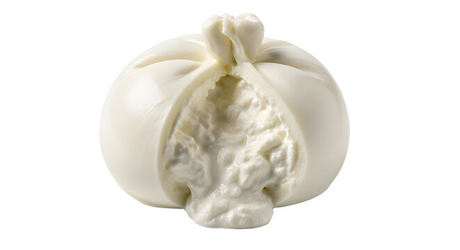 Fresh burrata cheese with creamy stracciatella center, soft italian mozzarella ball isolated on white, gourmet dairy product for mediterranean cooking