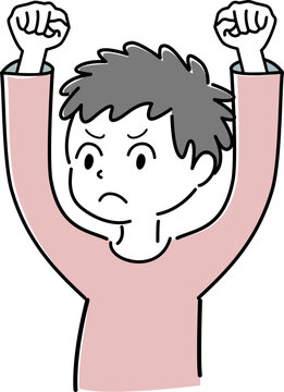 拳を挙げてガッツポーズをする怒った顔の男性の上半身シンプルイラスト（努力・不満・ストレス・人物） / Simple Upper Body Illustration of Angry Man Making a Fist Pump (Unsatisfied, Stressed, Challenge, Hard, Person)