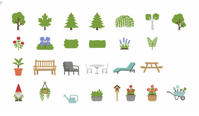 Obraz premium Garden elements vector set with trees shrubs plants and outdoor furniture flat design landscaping collection