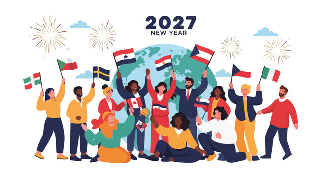 Diverse group of people celebrating New Year's with flags and fireworks around the globe in 2027