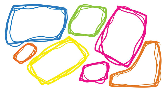 Colorful hand-drawn blank speech bubbles in various shapes and sizes on a white background for creative expression