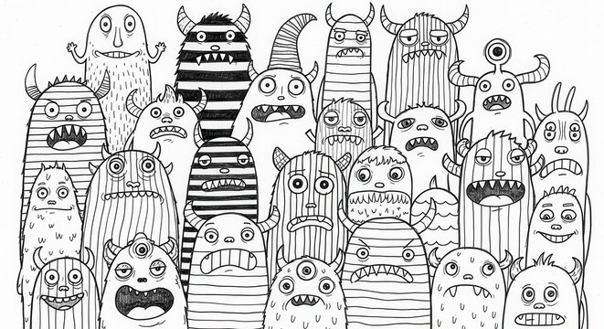 Whimsical Monster Crowd - A Fun Black and White Illustration.