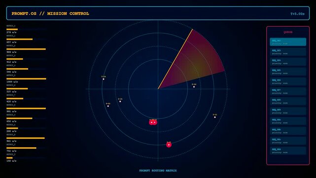A dark blue prompt engineering UI display shows a scanning radar pulse identifying digital targets across a complex network matrix with scrolling data bars and mission controls